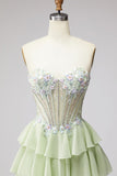 Vestido de Baile de Finalista Longo de Chiffon Verde Claro com Folhos Com Folhos Verde Claro