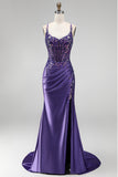 Vestido de baile de finalistas roxo longo de cetim com purpurinas, lantejoulas, sereia com purpurinas,