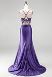 Vestido de baile de finalistas roxo longo de cetim com purpurinas, lantejoulas, sereia com purpurinas,