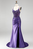 Vestido de baile de finalistas roxo longo de cetim com purpurinas, lantejoulas, sereia com purpurinas,