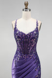 Vestido de baile de finalistas roxo longo de cetim com purpurinas, lantejoulas, sereia com purpurinas,