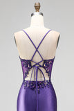 Vestido de baile de finalistas roxo longo de cetim com purpurinas, lantejoulas, sereia com purpurinas,