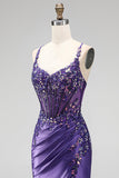 Vestido de baile de finalistas roxo longo de cetim com purpurinas, lantejoulas, sereia com purpurinas,