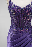 Vestido de baile de finalistas roxo longo de cetim com purpurinas, lantejoulas, sereia com purpurinas,