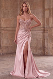 Espartilho cor-de-rosa, sereia transparente, lantejoulas, pérolas, vestido de baile longo de cetim franzido com fenda