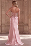 Espartilho cor-de-rosa, sereia transparente, lantejoulas, pérolas, vestido de baile longo de cetim franzido com fenda