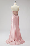 Espartilho cor-de-rosa, sereia transparente, lantejoulas, pérolas, vestido de baile longo de cetim franzido com fenda