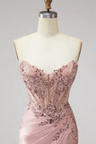 Espartilho cor-de-rosa, sereia transparente, lantejoulas, pérolas, vestido de baile longo de cetim franzido com fenda