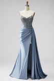 Vestido de Baile de Baile Longo Sem Alças Sem Alças em Espartilho Azul Transparente de Decote em V, Cetim, Franzido, Vestido de Baile Longo Sem Alças