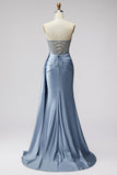 Vestido de Baile de Baile Longo Sem Alças Sem Alças em Espartilho Azul Transparente de Decote em V, Cetim, Franzido, Vestido de Baile Longo Sem Alças