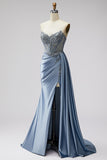 Vestido de Baile de Baile Longo Sem Alças Sem Alças em Espartilho Azul Transparente de Decote em V, Cetim, Franzido, Vestido de Baile Longo Sem Alças