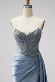 Vestido de Baile de Baile Longo Sem Alças Sem Alças em Espartilho Azul Transparente de Decote em V, Cetim, Franzido, Vestido de Baile Longo Sem Alças