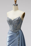 Vestido de Baile de Baile Longo Sem Alças Sem Alças em Espartilho Azul Transparente de Decote em V, Cetim, Franzido, Vestido de Baile Longo Sem Alças