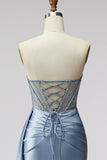 Vestido de Baile de Baile Longo Sem Alças Sem Alças em Espartilho Azul Transparente de Decote em V, Cetim, Franzido, Vestido de Baile Longo Sem Alças