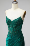 Corset de sereia verde escuro com glitter, lantejoulas, vestido longo de cetim sem alças com contas