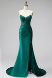 Corset de sereia verde escuro com glitter, lantejoulas, vestido longo de cetim sem alças com contas
