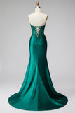 Corset de sereia verde escuro com glitter, lantejoulas, vestido longo de cetim sem alças com contas