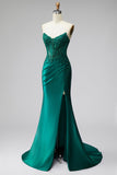 Corset de sereia verde escuro com glitter, lantejoulas, vestido longo de cetim sem alças com contas