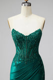Corset de sereia verde escuro com glitter, lantejoulas, vestido longo de cetim sem alças com contas