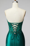 Corset de sereia verde escuro com glitter, lantejoulas, vestido longo de cetim sem alças com contas