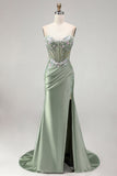 Vestido de Baile de Finalista Longo de Finalistas Verde Verde Claro Espartilho Transparente de Cetim Franzido, com Pedras de Finalistas