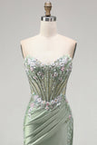 Vestido de Baile de Finalista Longo de Finalistas Verde Verde Claro Espartilho Transparente de Cetim Franzido, com Pedras de Finalistas