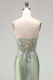 Vestido de Baile de Finalista Longo de Finalistas Verde Verde Claro Espartilho Transparente de Cetim Franzido, com Pedras de Finalistas
