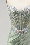 Vestido de Baile de Finalista Longo de Finalistas Verde Verde Claro Espartilho Transparente de Cetim Franzido, com Pedras de Finalistas
