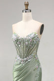 Vestido de Baile de Finalista Longo de Finalistas Verde Verde Claro Espartilho Transparente de Cetim Franzido, com Pedras de Finalistas