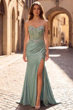 Vestido de Baile de Finalista Longo de Finalistas Verde Verde Claro Espartilho Transparente de Cetim Franzido, com Pedras de Finalistas