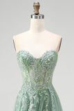 Glitter Espartilho de sálvia empoeirado Apliques florais Tule sem alças Vestido de baile longo com fenda