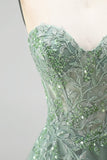 Glitter Espartilho de sálvia empoeirado Apliques florais Tule sem alças Vestido de baile longo com fenda