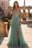 Glitter Espartilho de sálvia empoeirado Apliques florais Tule sem alças Vestido de baile longo com fenda