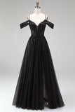 Vestido de baile de finalistas preto com traça A de ombro frio, lantejoulas, Vestido de Baile Longo com Fenda
