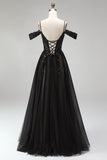 Vestido de baile de finalistas preto com traça A de ombro frio, lantejoulas, Vestido de Baile Longo com Fenda