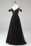 Vestido de baile de finalistas preto com traça A de ombro frio, lantejoulas, Vestido de Baile Longo com Fenda