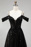 Vestido de baile de finalistas preto com traça A de ombro frio, lantejoulas, Vestido de Baile Longo com Fenda