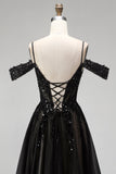 Vestido de baile de finalistas preto com traça A de ombro frio, lantejoulas, Vestido de Baile Longo com Fenda