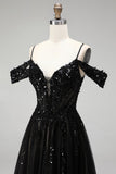 Vestido de baile de finalistas preto com traça A de ombro frio, lantejoulas, Vestido de Baile Longo com Fenda
