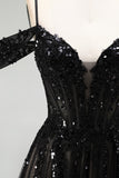 Vestido de baile de finalistas preto com traça A de ombro frio, lantejoulas, Vestido de Baile Longo com Fenda