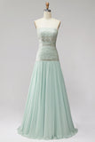 Vestido de baile de finalistas plissado em chiffon A-Line Strapless com contas