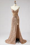 Espartilho dourado brilhante, sereia, strass, lantejoulas, vestido de baile longo sem alças com fenda