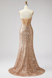 Espartilho dourado brilhante, sereia, strass, lantejoulas, vestido de baile longo sem alças com fenda