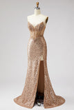 Espartilho dourado brilhante, sereia, strass, lantejoulas, vestido de baile longo sem alças com fenda