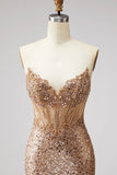 Espartilho dourado brilhante, sereia, strass, lantejoulas, vestido de baile longo sem alças com fenda