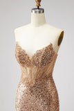 Espartilho dourado brilhante, sereia, strass, lantejoulas, vestido de baile longo sem alças com fenda