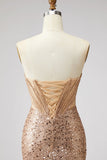 Espartilho dourado brilhante, sereia, strass, lantejoulas, vestido de baile longo sem alças com fenda