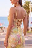 Aplicações de lantejoulas amarelas claras, alças finas, bodycon Vestido curto de regresso a casa