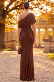 Vestido formal longo de um ombro franzido com bainha brilhante
