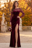 Vestido formal longo de veludo bainha, decote ilusão, decote franzido, com abertura lateral